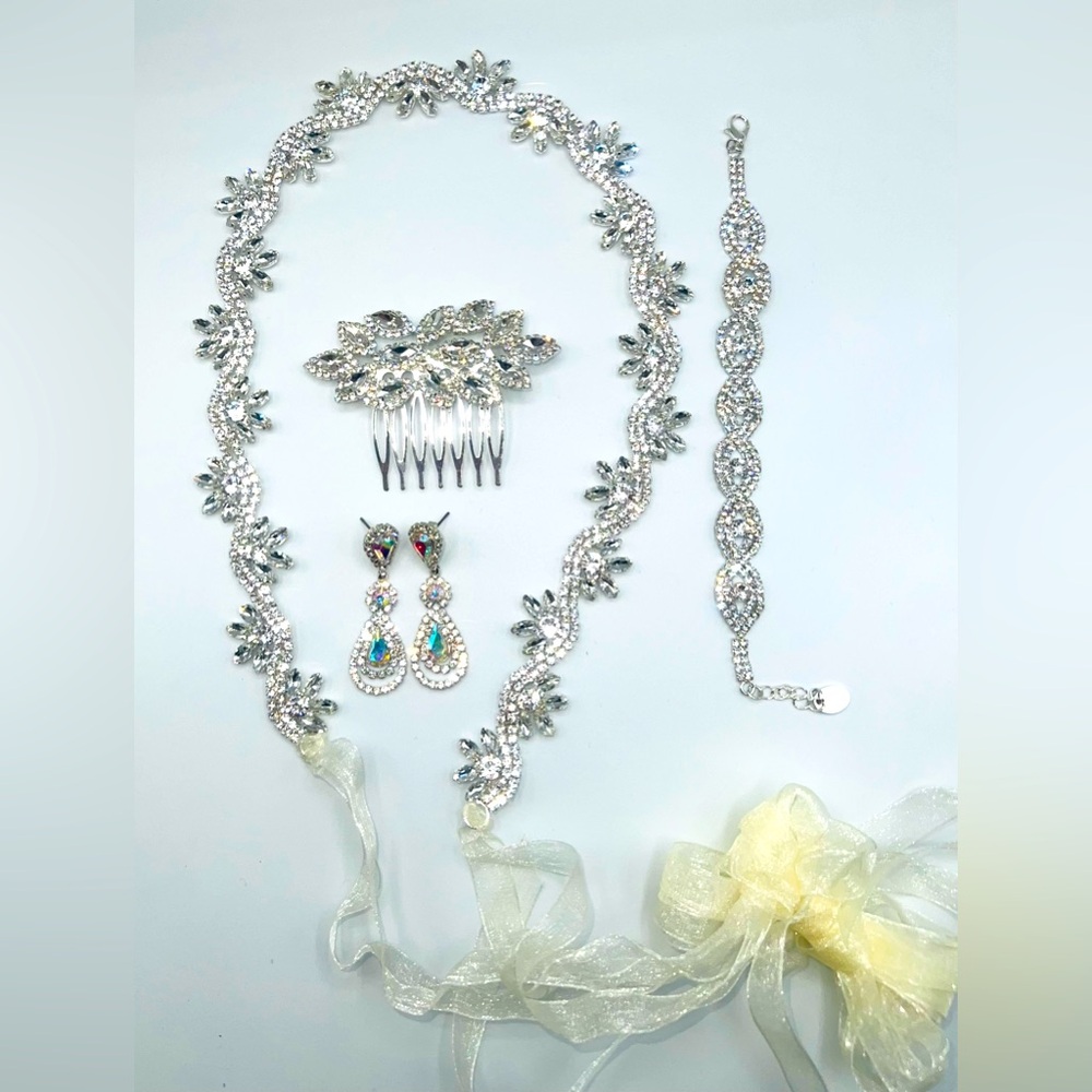 Wedding dress sash, hair pin, earrings, bracelet.(selling as a set)